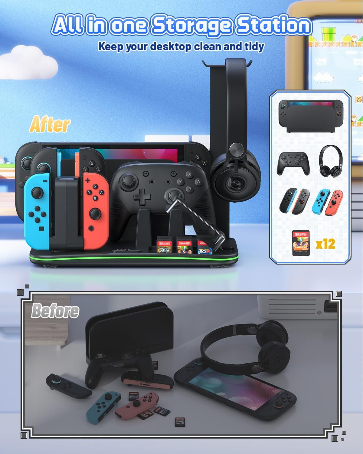 Charging Dock for Switch 2/1 Switch Cooling Fan for Nintendo Switch 2/1/OLED Storage Stand for JoyCon 2/1 with 12 Card Slots Controller/Headset Holder 9 RGB Modes