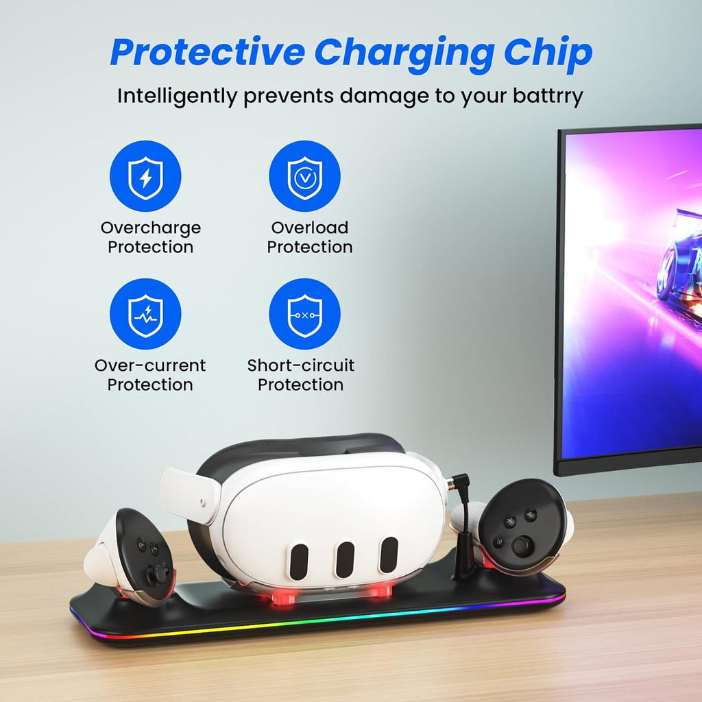 VR Charging Dock for Meta Quest 3 Fast Charging Station with Colorful RGB Light for Oculus Quest 3 Magnetic Charging Stand for VR Headset and Touch Controllers with 2 Rechargeable Batteries Black