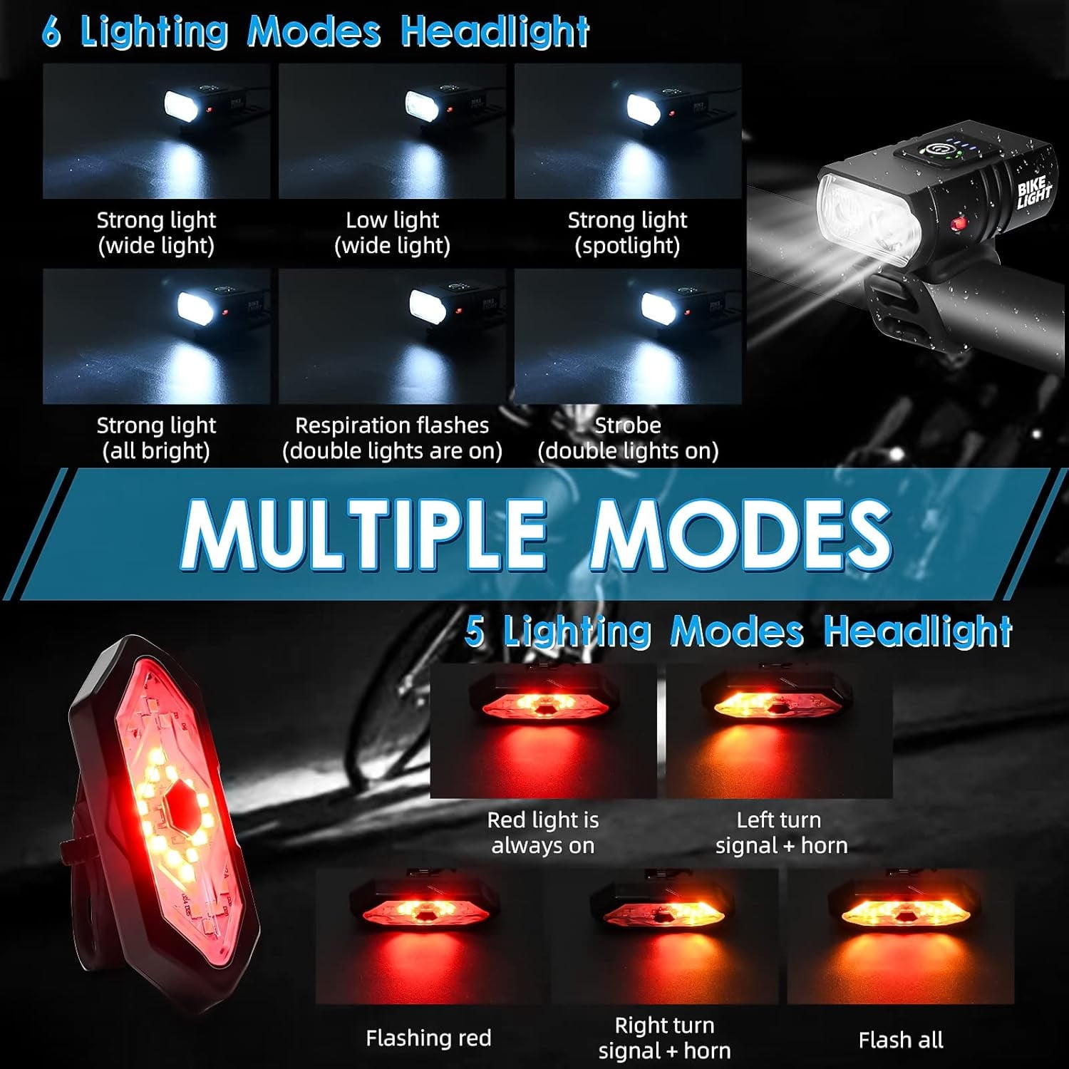 Bike Light Set with Bike Horn Alarm Remote Control Bike Tail Light with Turn Signals Bike Headlight for Night Riding Rechargeable Rear and Front Bike Light