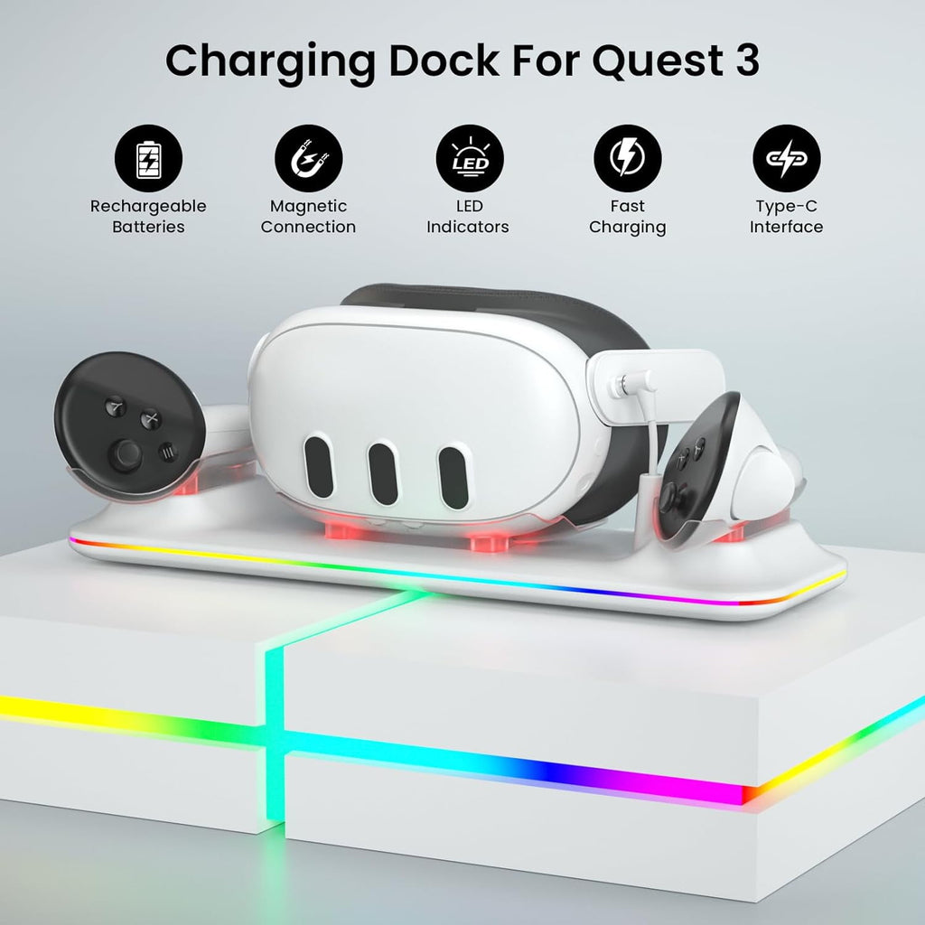 VR Charging Dock for Meta Quest 3 Fast Charging Station with Colorful RGB Light for Oculus Quest 3 Magnetic Charging Stand for VR Headset and Touch Controllers with 2 Rechargeable Batteries White