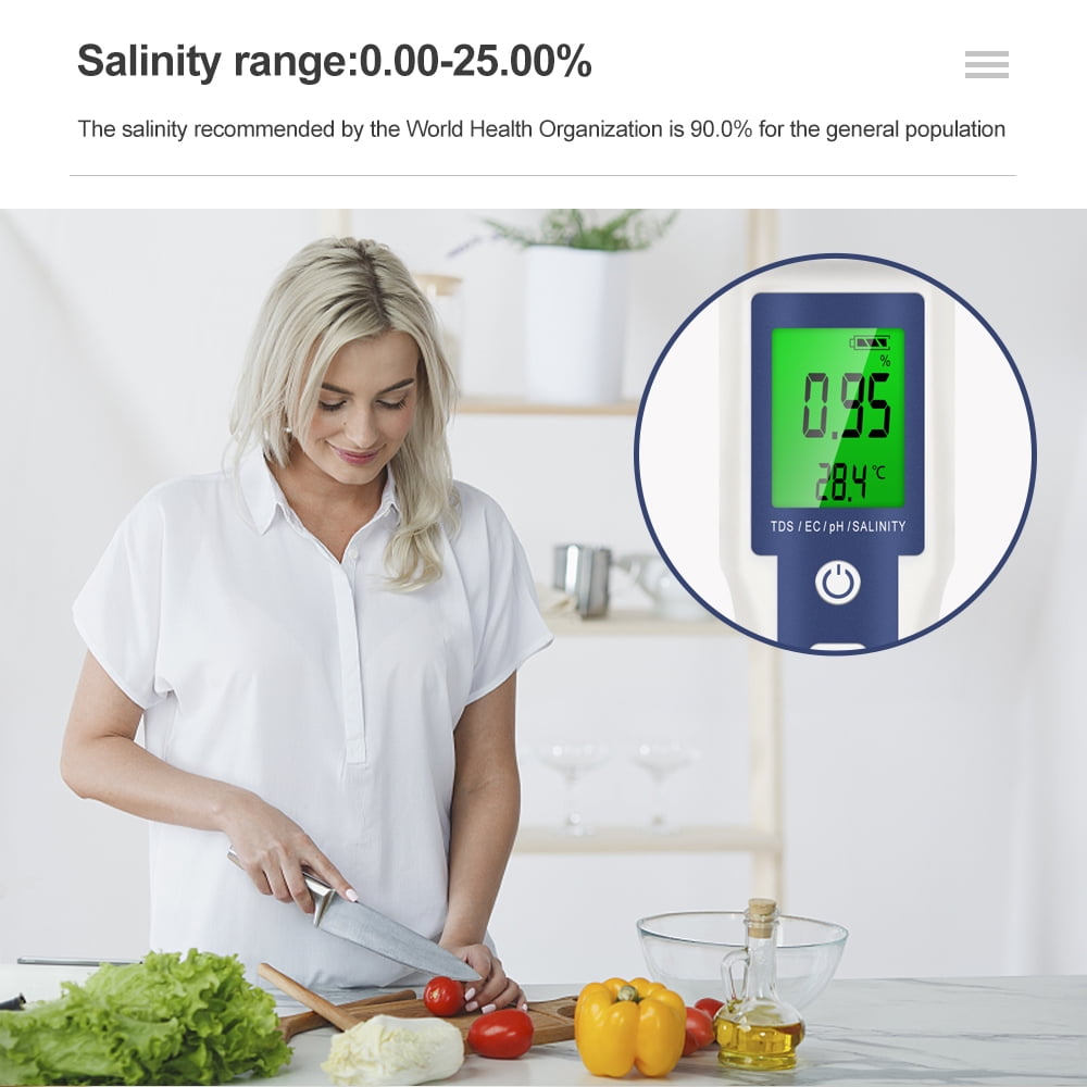 Digital PH Meter 5 in 1 Pool Salt Tester for Water PH / TDS / EC / Salinity / Temp Meter with ATC for Household Drinking Water Hot Tub Spas Fish Tank