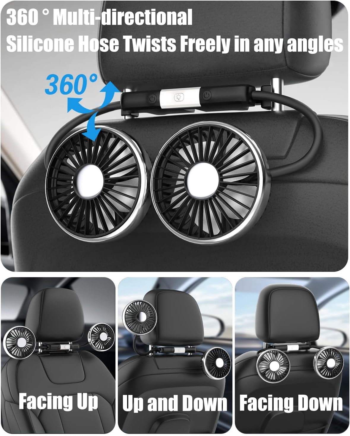 Dual Head Car Fan with Lights USB Car Rear Seat Ventilation Fan 3 Speeds and 360 Degree Rotatable Cooling Car Fans for Vehicles RV SUV Truck