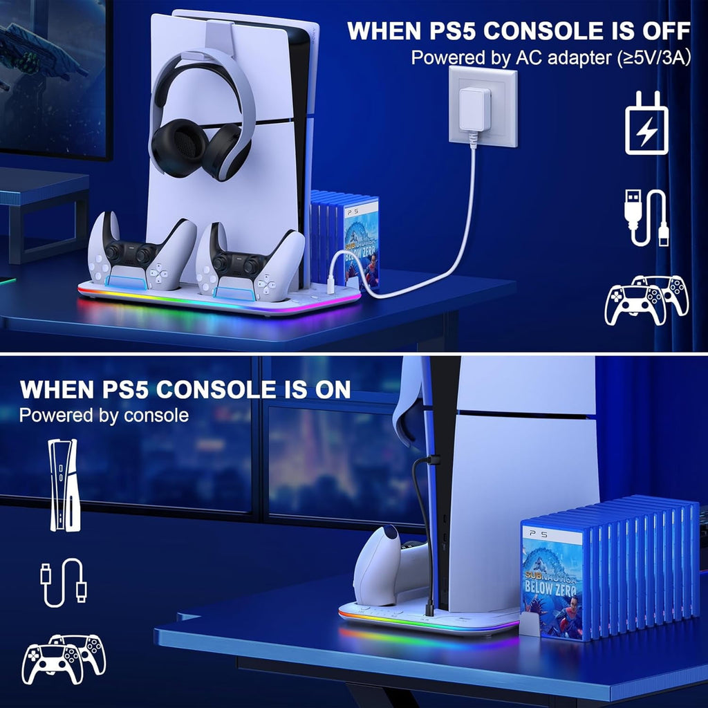 PS5 Slim Stand and Turbo Cooling Station with Controller Charging Station for Playsation 5 3 Levels Cooling Fan RGB Light 15 Game Storage Headset Holder for PS5 Digital/Disc