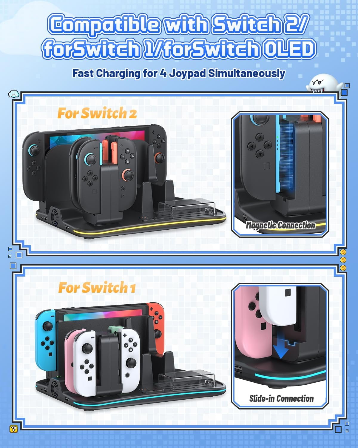 Charging Dock for Switch 2/1 Switch Cooling Fan for Nintendo Switch 2/1/OLED Storage Stand for JoyCon 2/1 with 12 Card Slots Controller/Headset Holder 9 RGB Modes
