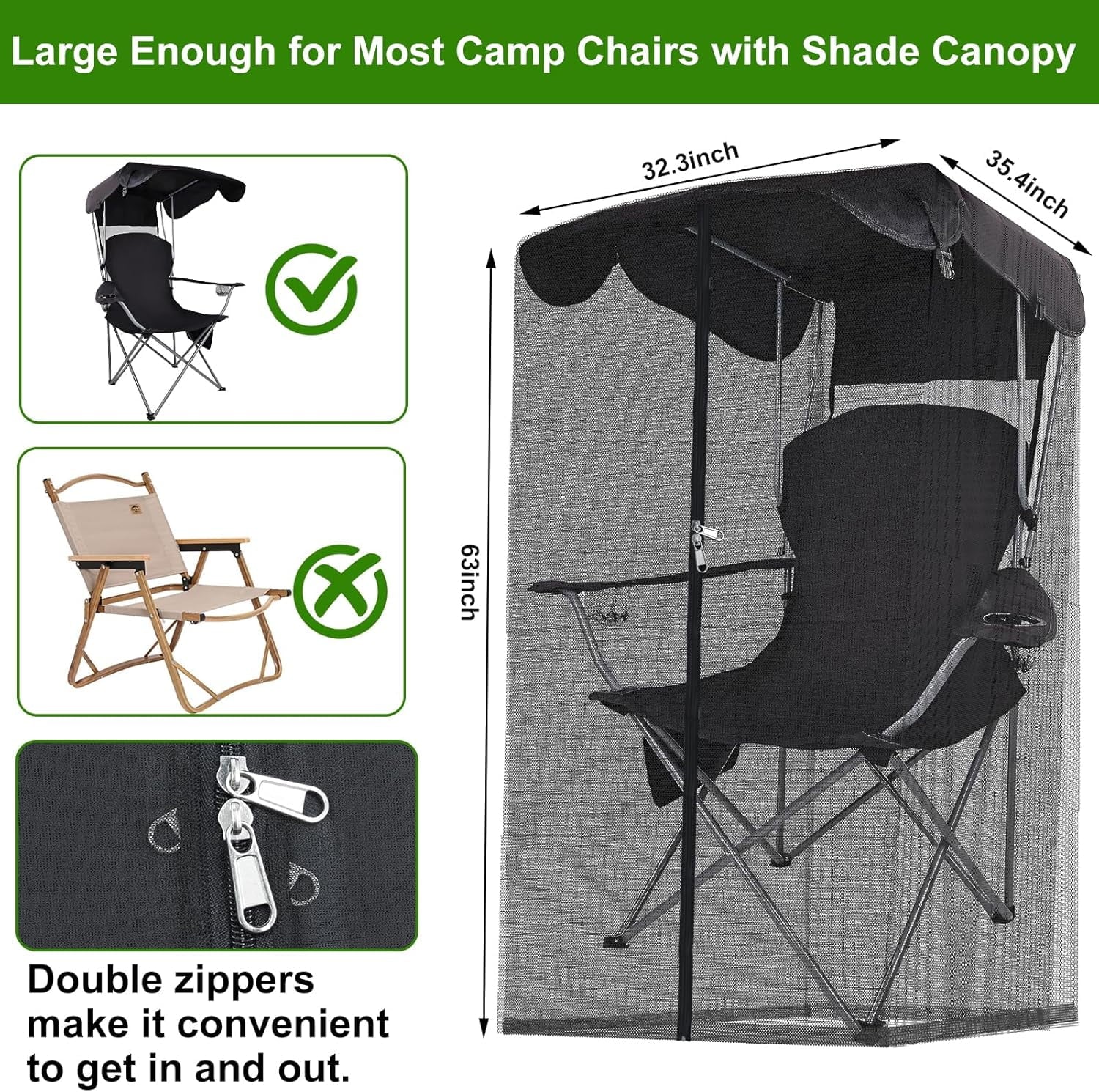63-inch Tall Mosquito Net Cover for Awning Chair Insect Barrier Mosquito Mesh Tent Black Chair Mosquito Net with Zipper Opening 35 x 32-inch Waterproof Roof for Fishing Outdoor Camping Chairs