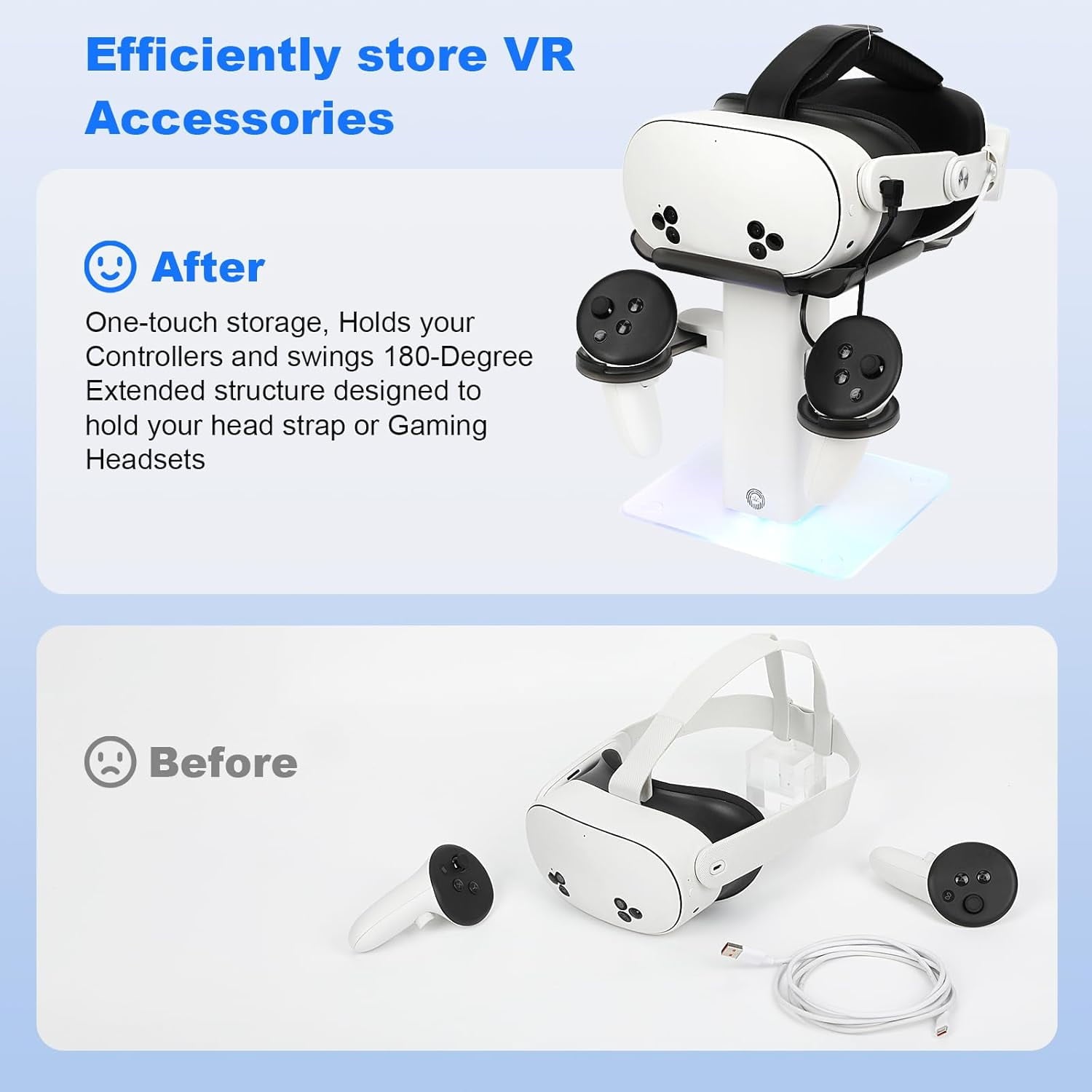 VR Stand Headset Charging Dock for Quest 3S/Quest 3/Quest 2 VR Headset Display Stand and Stable Bracket Storage Base Bottom RGB LED Light